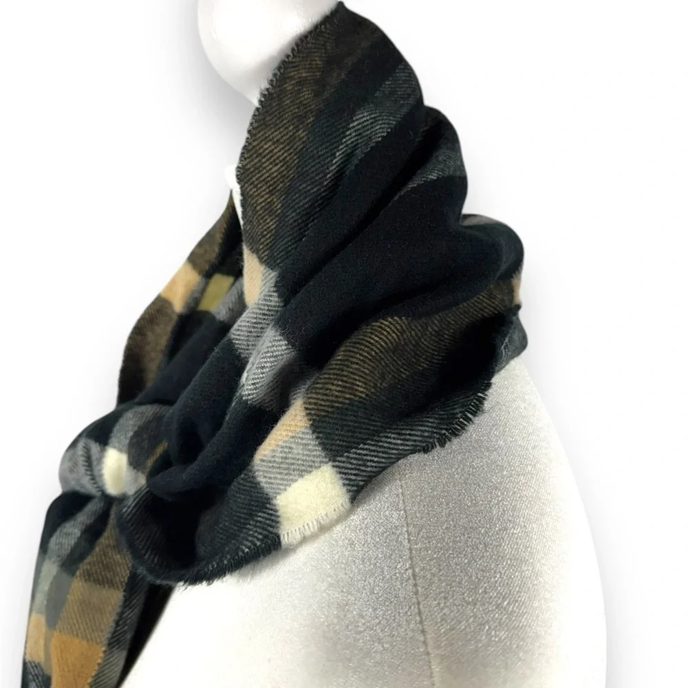 100% Cashmere Hand Tailored Made In Germany Neutral Plaid Unisex Scarf, 12x63 - Picture 9 of 11